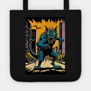 Giant Angry Blue Cat attacking a city Tote