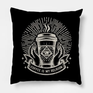 Coffee Is My Religion - highly caffeinated and may be caffeine addict illuminati parody - dark background Pillow