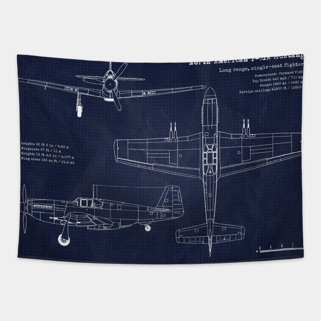 Blueprint P51 Mustang Tapestry by Aircraft.Lover