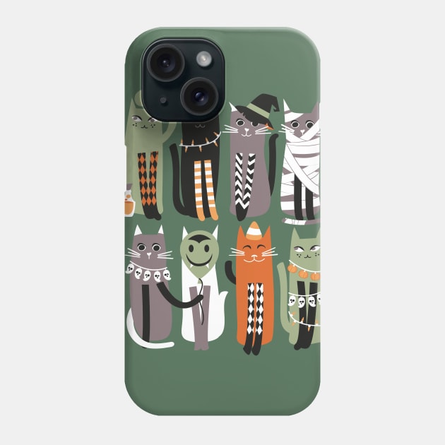 High Gothic Halloween Cats // print // green background orange brown sage green white and black kittens Phone Case by SelmaCardoso