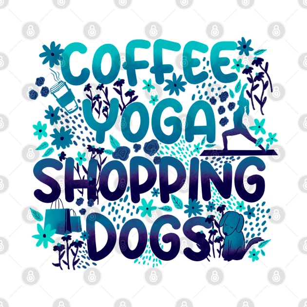 Coffee Yoga Shopping Dogs in Blue by Booneb