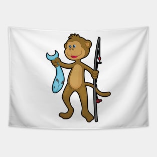 Monkey at Fishing with Fishing rod & Fish Tapestry