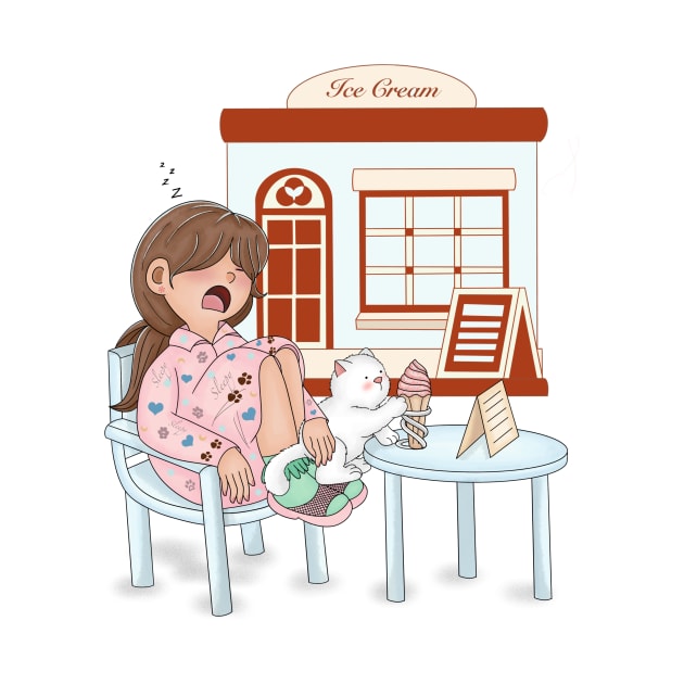 A cute girl falling asleep at an ice cream cafe by Athikan