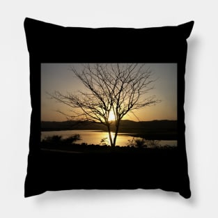 Yellow Sunset with Large Tree & Mountains Pillow