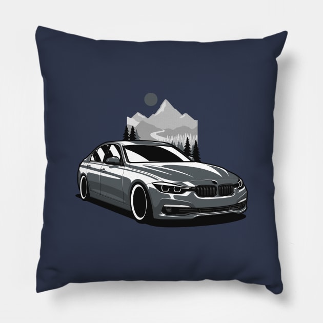 Dark Gray F30 Saloon Mountains Pillow by KaroCars