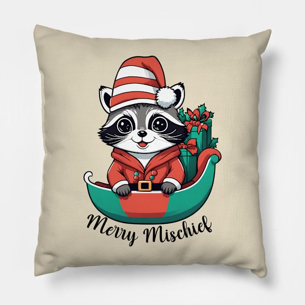 Merry Mischief Raccoon Christmas Sleigh Tee Pillow by WolfMerrik