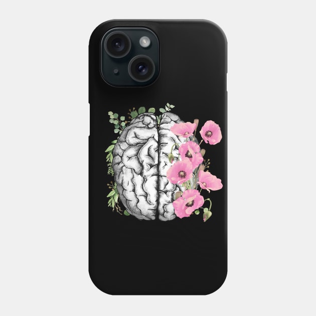 Brain with Pink poppy, psychology, mental health, front brain, watercolor Phone Case by Collagedream