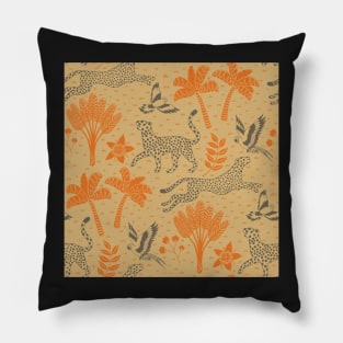 cheetahs and parrots in the jungle | orange and brown | repeat pattern Pillow