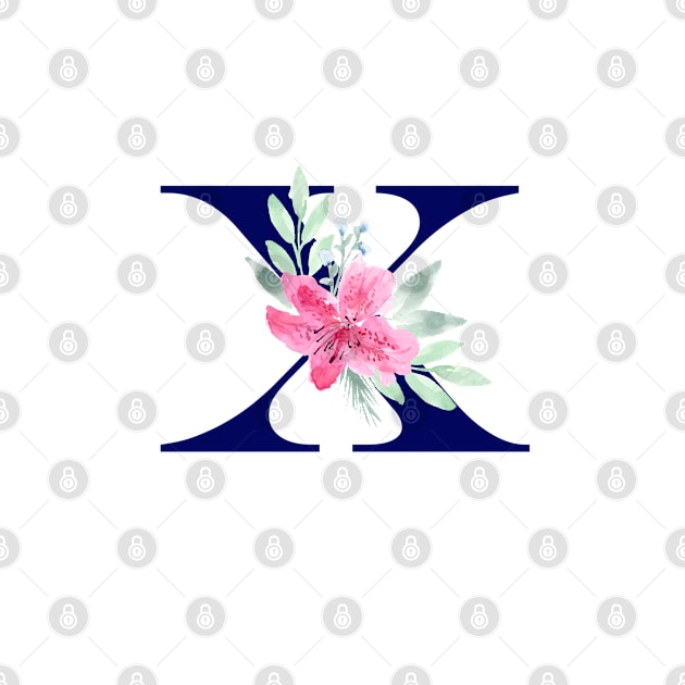 Watercolor Floral Letter X in Navy by Harpleydesign