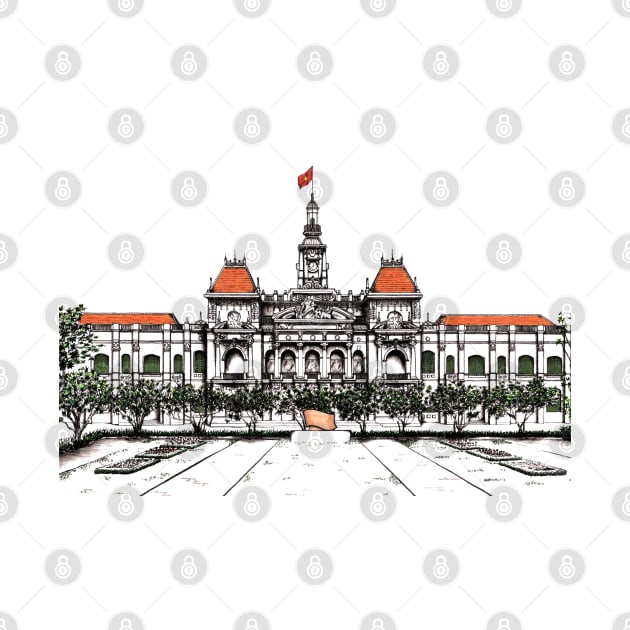 City Hall, Saigon Vietnam by bens black line art