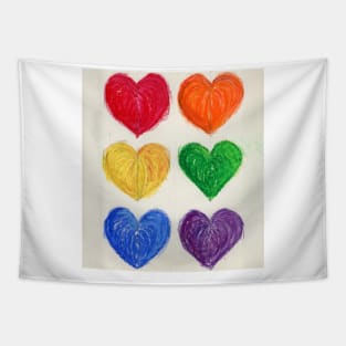 Six Rainbow Hearts Drawn With Oil Pastels On Paper Tapestry