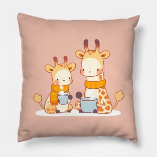 Giraffe family having hot chocolate Pillow