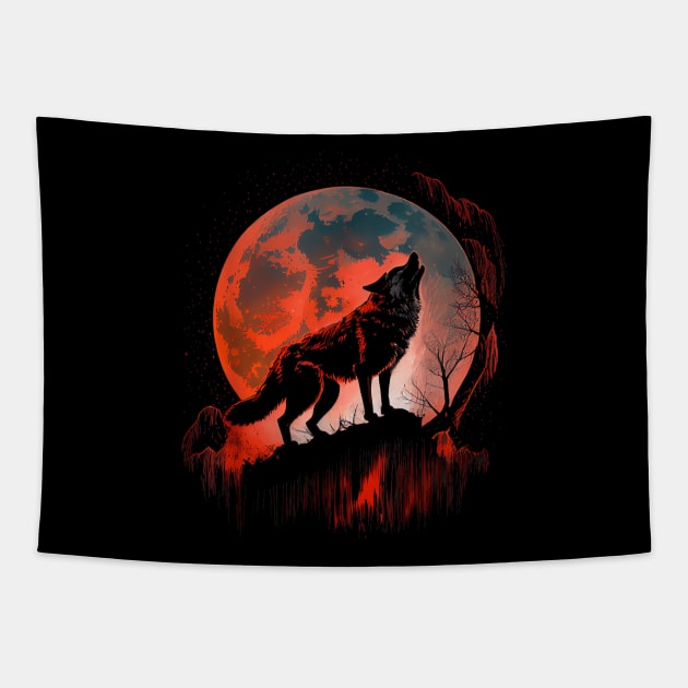 Lone Wolf Scary - Werewolf howling when Blood Full Moon Tapestry by The Full Moon Shop