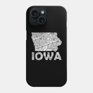 Mandala art map of Iowa with text in white Phone Case