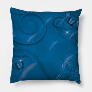 Hearts Twinkling, Vines Creeping, Butterflies Flying, Bubbles Floating , Flowers & Leaves in a Fantasy World of Blue Pillow