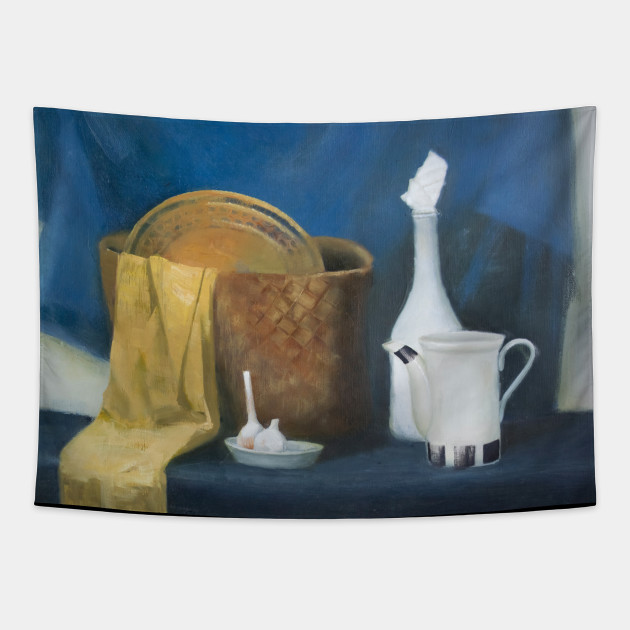 Still Life Oil Painting In Blue Tones Basket Bottle Garlic
