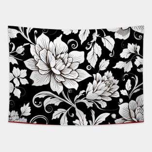 Seamless floral pattern with black and white flowers on a white background. Tapestry