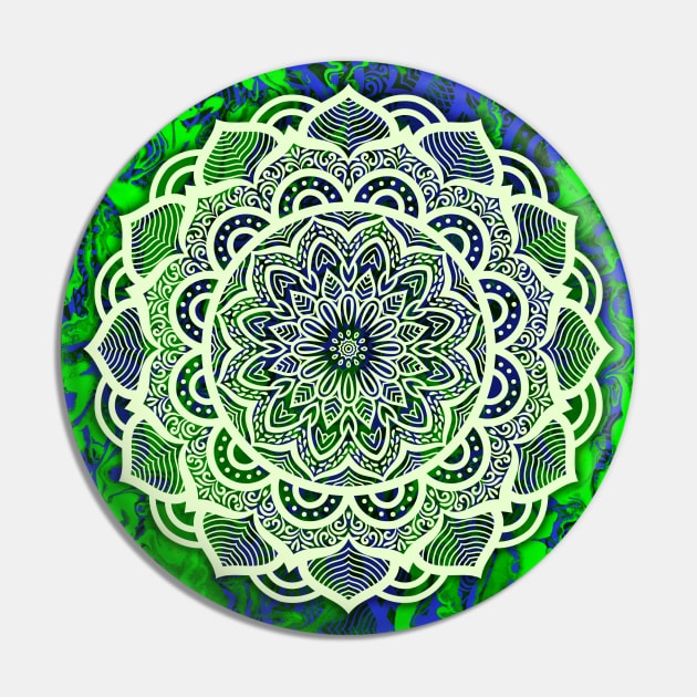 Flower Mandala on Abstract Green and Blue Background Pin by 13Lines Art