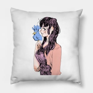 Girl With Blue Bird Pillow