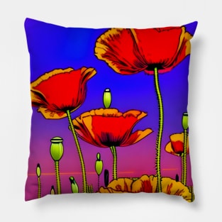 Retro Graphic Novel Style Field of Red Poppies (MD23Mrl014) Pillow