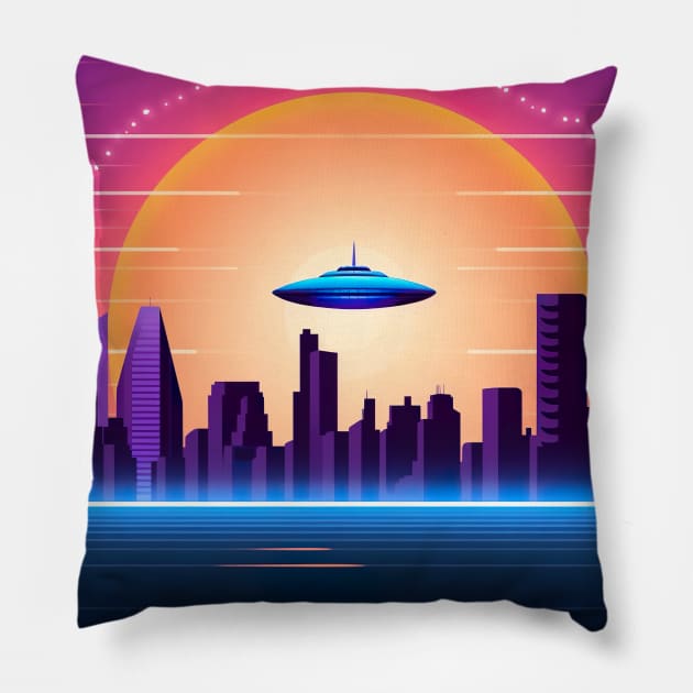 Vintage Style Alien UFO Encounter - Sci-Fi Design Pillow by PlutoOrigins