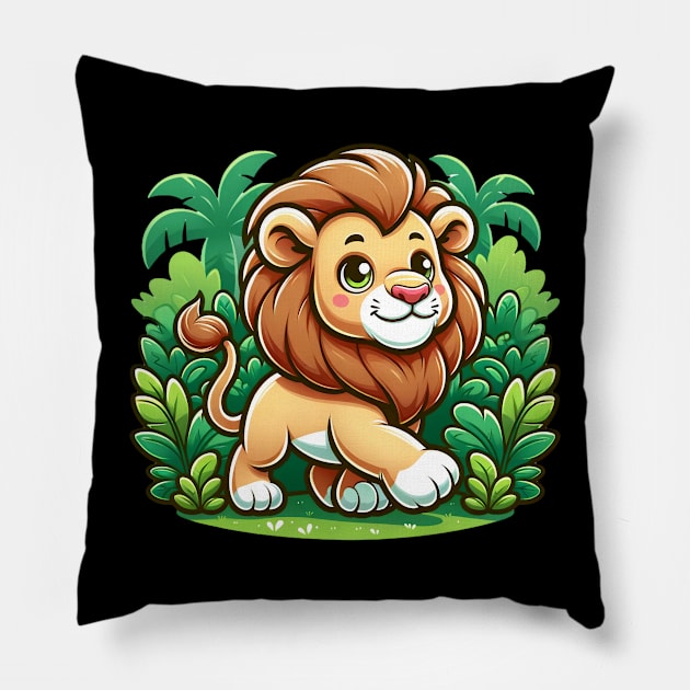 Cartoon Lion Prancing In The Jungle King of the Jungle Lion Pillow by Tees 4 Thee