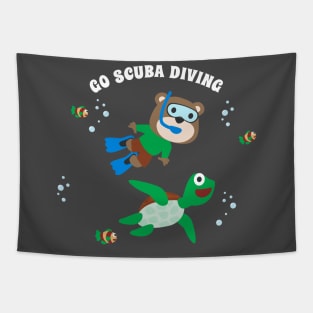 Diving with funny bear and turtle with cartoon style. Tapestry