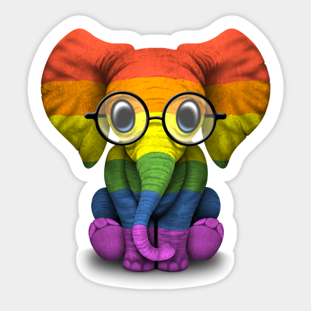 Baby Elephant with Glasses and Gay Pride Rainbow Flag - Pride - Sticker