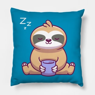 Cute Sloth Sitting And Holding Cup Cartoon Pillow