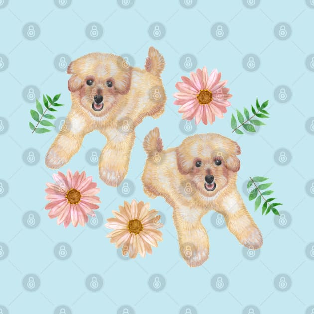 Puppies Leaves and Daisies by Penny Passiflora Studio