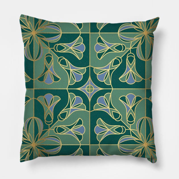 Art Deco Tile Floral. Green, Blue and Gold Pillow by lents