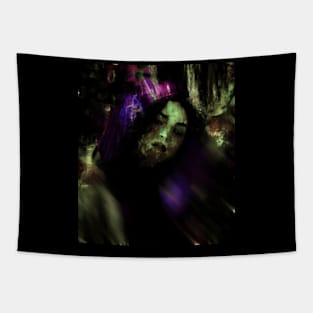 Beautiful girl, in dark place. Some glowing blurred shapes. Dark but beautiful. Tapestry