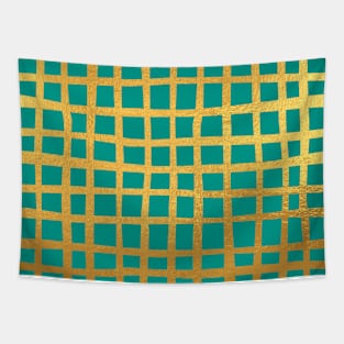 Teal Blue Gold colored abstract lines pattern Tapestry