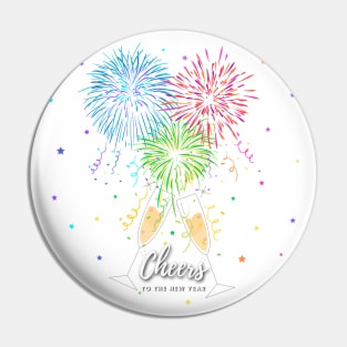 Cheers to the New Year Fireworks, Champagne Flutes and Stars Pin