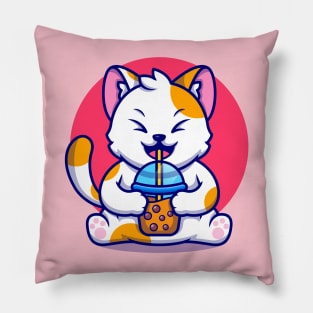 Cute Cat Drink Boba Milk Tea Cartoon Pillow