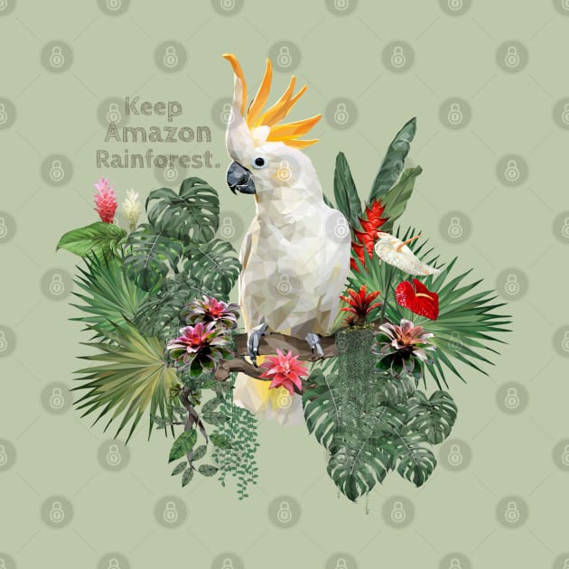 Polygonal Illustration Cockatoo bird and Amazon plants. by Lewzy Design