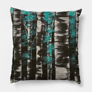 Black and White Birch Trees with Teal Leaves Pillow