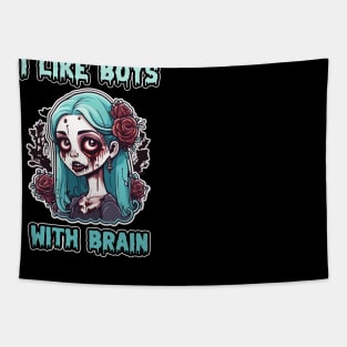 I Like Boys With Brain, Zombie Halloween Cute Pasel Blue Pink Retro Colorful Scary Tapestry