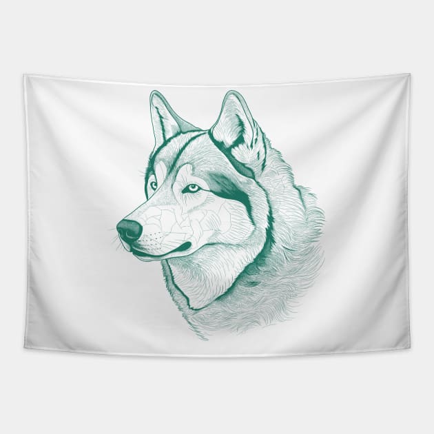 Alaskan Malamute Dog Minimalistic Green line drawing Tapestry by Danielleroyer