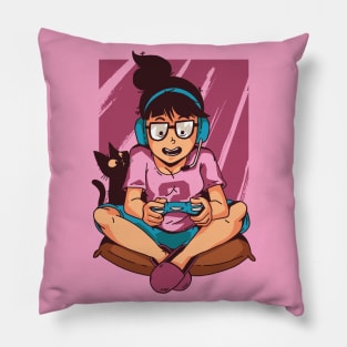 Gamer Girl Cartoon // Video Game Lover // Gamer Life Illustration Pillow