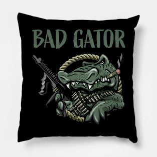 Funny Bad Gator with Rifle and Cigar Alligator Cartoon Pillow