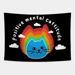 Positive Mental Cattitude Rainbow, Funny Cute Cat, Humor, Birthday Tapestry