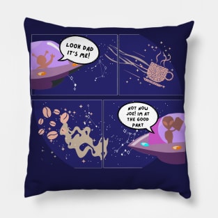 Coffee and reading - comic of an alien father reading a book as his son sees a coffee constellation Pillow