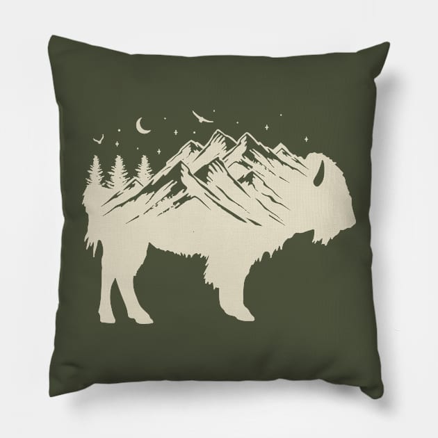 Buffalo Silhouette - Retro Bison Mountain - Buffalo Lover Pillow by OrangeMonkeyArt