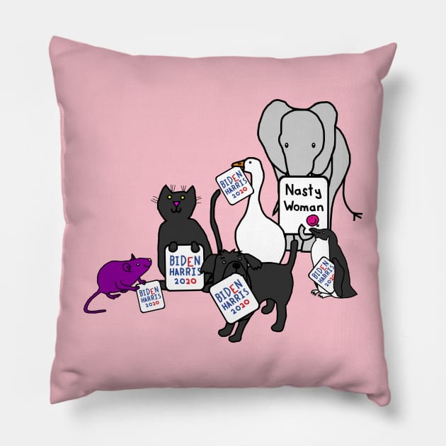 Animals with Biden Harris Signs Supporting Kamala Harris Pillow by ellenhenryart