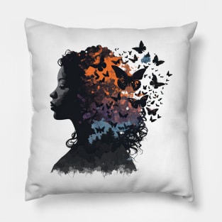 Colorful Silhouette of Woman with Butterflies Pillow