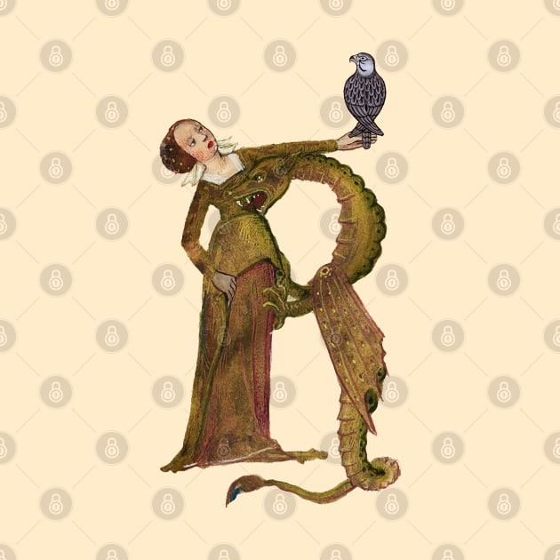 LADY DRAGON WITH FALCON R LETTER Medieval Miniature by BulganLumini