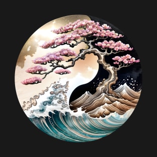 Cherry Blossom Bonsai and Great Wave Yin Yang, Vintage Tree of Life Yin Yang T-Shirt