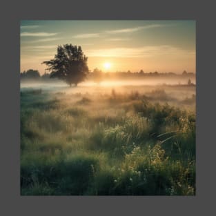 Sunrise over a green meadow fog rises in the summer T-Shirt