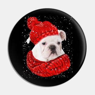 White English Bulldog Wearing Red Hat And Scarf Christmas Pin